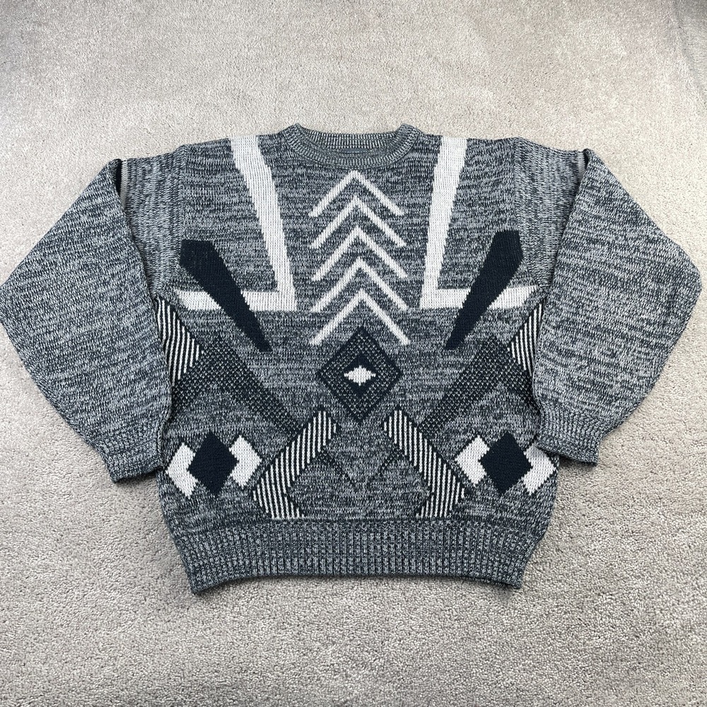 VINTAGE Sir William Sweater Mens XL Tall Grey Geometric Acrylic Crewneck‎ 90s